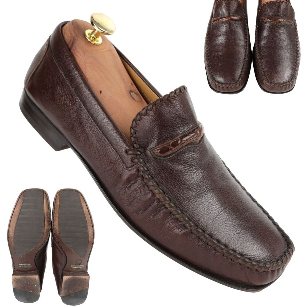 Vintage Exotic Crocodile and Calf Johnston Murphy Mens Brown Dress Shoes Loafers